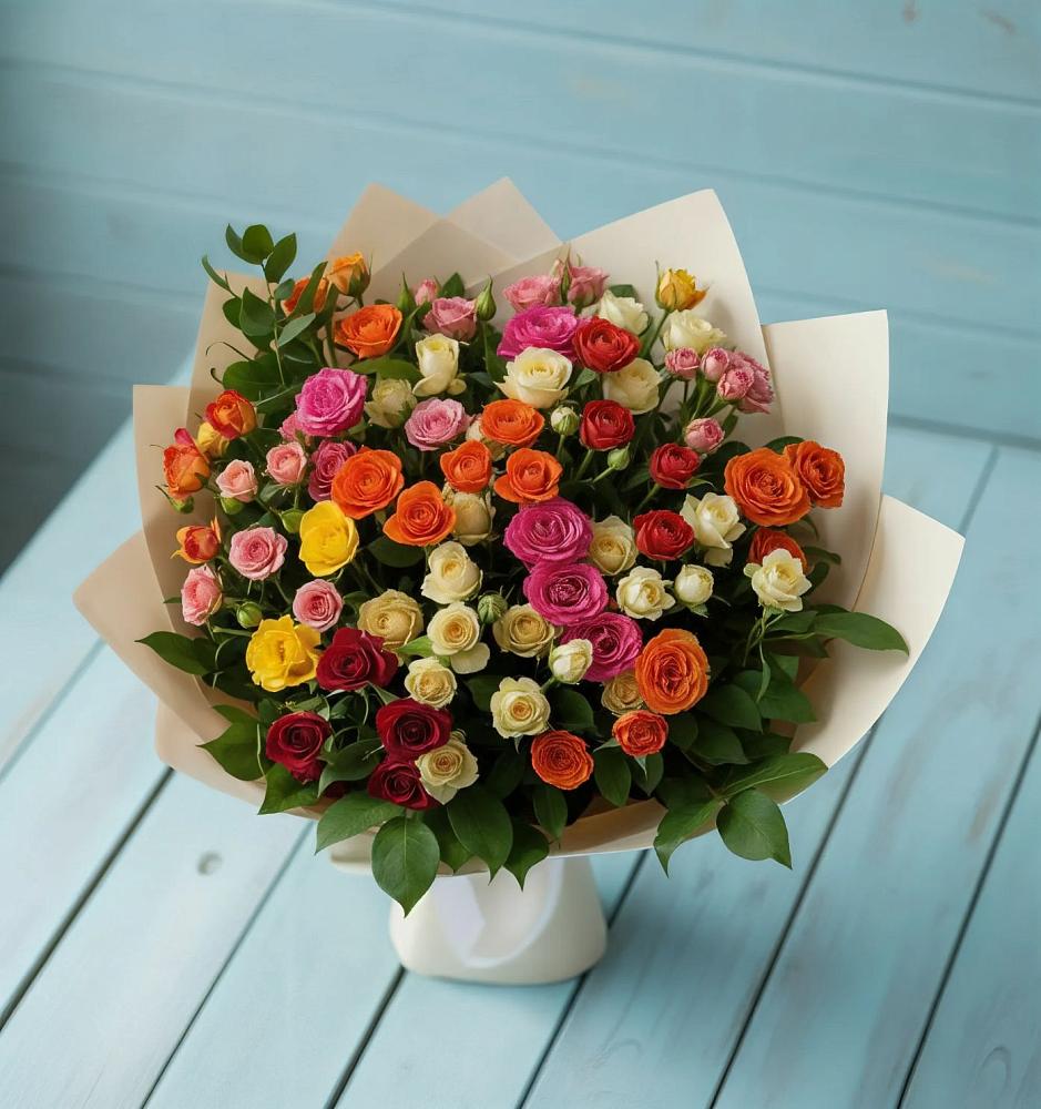 Букет Микс из разноцветных кустовых роз в Шишовке